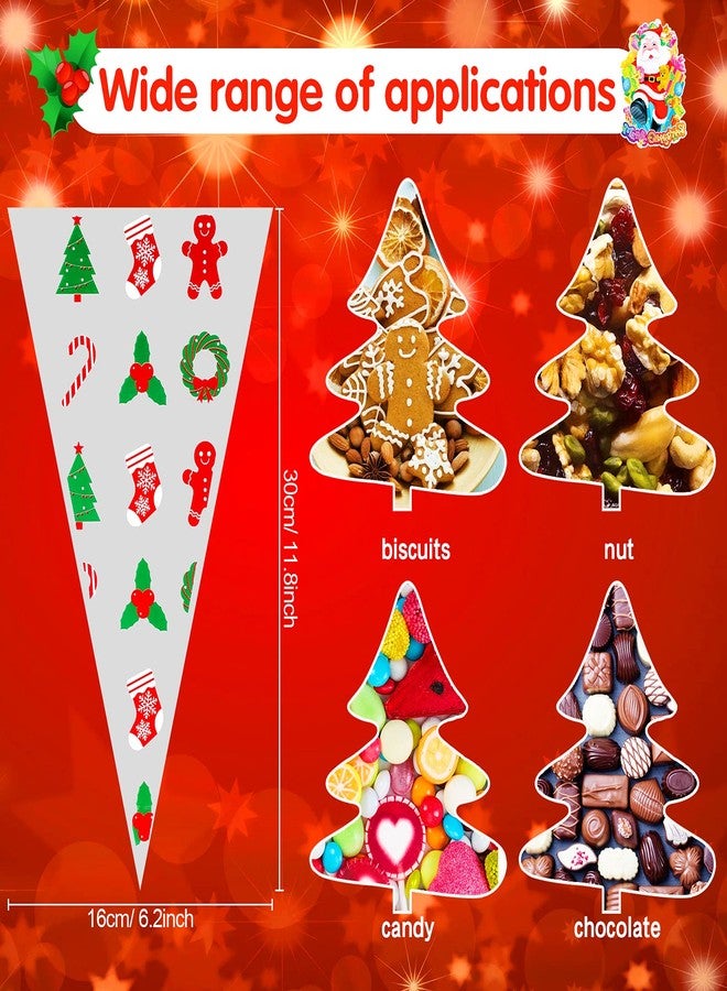 Konsait 120pcs Christmas Candy Bags, Cellophane Snack Bags Clear Cone Cookie Treat Bags with Twist Ties for Bakery Biscuit Chocolate Snacks Christmas Party Favors Supplies Homemade Craft - Image 2